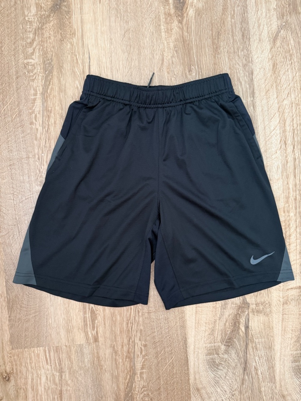 NWT Nike Kids Black Athletic Shorts with Gray Accents, Size Medium